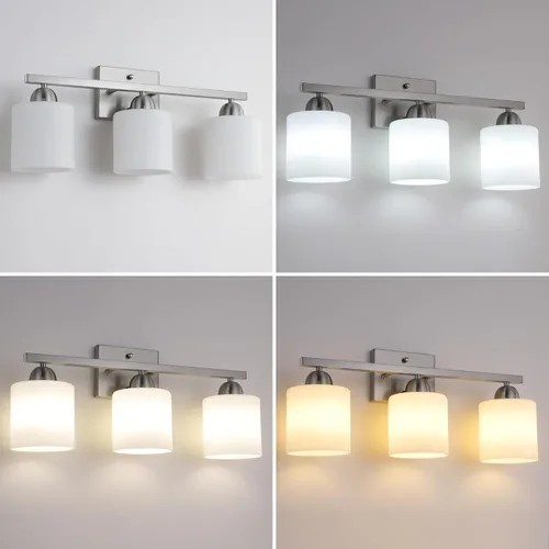 Miniatura 4 de Mecgirn Luces de tocador de vidrio de leche de acero inoxidable para baño, 3 lámparas de baño de níquel cepillado sobre espejo, enchufes E26