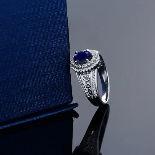 Miniatura 36 de Anillo de compromiso con halo de piedra preciosa y piedra natal en plata chapada en oro amarillo de 18 quilates, ovalado, 0.236 x 0.157 pulgadas