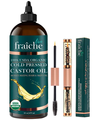 Live Fraiche Aceite de Ricino Orgánico (16 oz) + Tubo de Rímel Lleno - Aceite de Ricino Prensado en Frío 100% Puro Sin Hexano para Piel y Rostro -