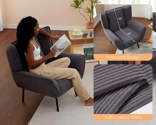 Miniatura 5 de AMERLIFE Silla decorativa, silla tapizada para sala de estar con respaldo alto, sillón de lectura gris para dormitorio, cómoda silla de pana