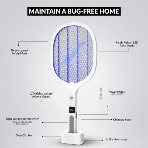 Miniatura 5 de WBM SMART Matamoscas eléctrico 2 en 1, lámpara de trampa de mosquitos y raqueta, matamoscas eléctrico recargable por USB para el hogar y al aire