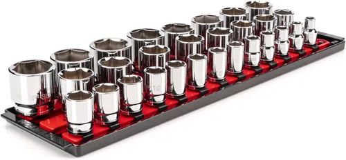 TEKTON SHD92124 - Juego de llaves de vaso de 6 puntos poco profundas de 1/2 pulgada con rieles y bandeja, 29 piezas (0.394-1.496 in)