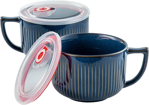 Miniatura 20 de Tazón de sopa de cerámica con asa de 32 onzas – Tazón de ramen para microondas con tapa, tazas y tazas de sopa para cereales, avena, ramen, fideos