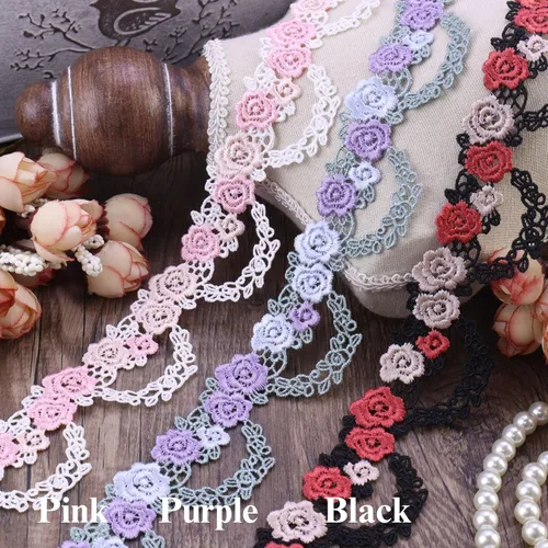 Miniatura 6 de Cinta de encaje bordada con flores negras para coser manualidades, boda, 3.5 yardas