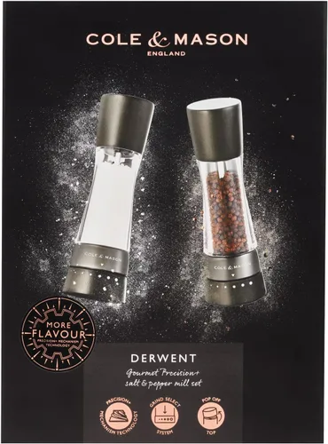Miniatura 4 de Cole & Mason H332293 Derwent Black Wood Salt and Pepper Mills, Gourmet Precision+, Ajuste de Molienda, Haya Teñida/Acrílico, 190 mm, Juego
