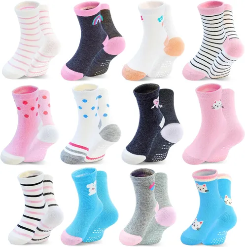 HYCLES Calcetines para niñas pequeñas, calcetines de dibujos animados antideslizantes con agarre para bebés de 6-12 meses y niños de 1-7 años