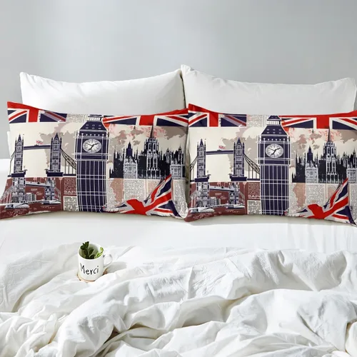 Miniatura 4 de Manfei Juego de sábanas infantiles de Londres, tamaño individual, con estampado de autobús Big Ben, para niños, diseño de mapa de bandera británica