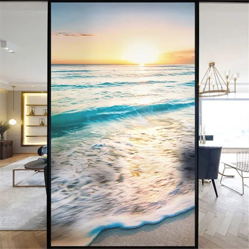 Miniatura 10 de Película decorativa de privacidad esmerilada sin pegamento para ventana, hermoso patrón de playa, puerta de vidrio, ventana, calcomanías
