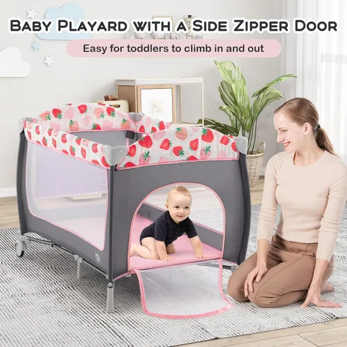 Miniatura 4 de BABY JOY 4 en 1 Pack and Play, corralito portátil para bebé con moisés, puerta lateral con cremallera, cambiador, centro de guardería de viaje
