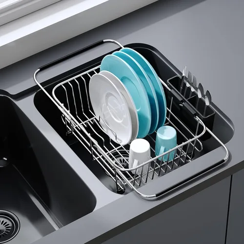 Miniatura 20 de JASIWAY - Escurridor extensible de acero inoxidable para usar sobre fregadero, encimera de cocina y dentro del fregadero, con portautensilios