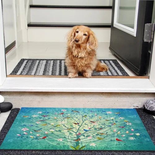 Miniatura 5 de Arttown Tapete para puerta de pájaros, 17 x 30 pulgadas, diseño de pájaros coloridos y árbol azul, tapete decorativo para el hogar, parte trasera