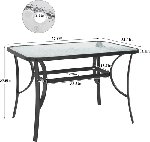 Miniatura 3 de soges Mesa de café bistró de 47 pulgadas para patio al aire libre, mesa de comedor rectangular con marco de acero templado con agujero