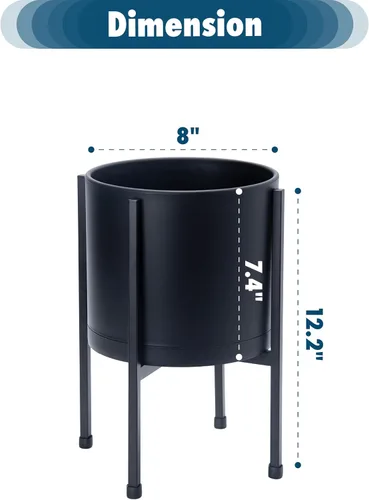 Miniatura 3 de D'vine Dev Maceta negra de 8 pulgadas con soporte, moderna maceta cilíndrica de plástico con soporte de metal resistente para plantas