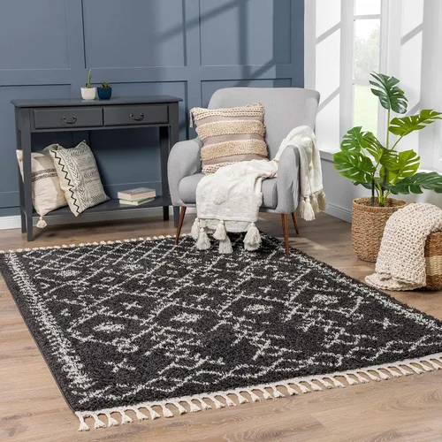 Miniatura 107 de Hauteloom, Duncans - Alfombra de estilo granja de pelo mullido para sala y dormitorio, con borlas - Beige, carbón, gris - 2 pies 7 pulgadas x 7 pies