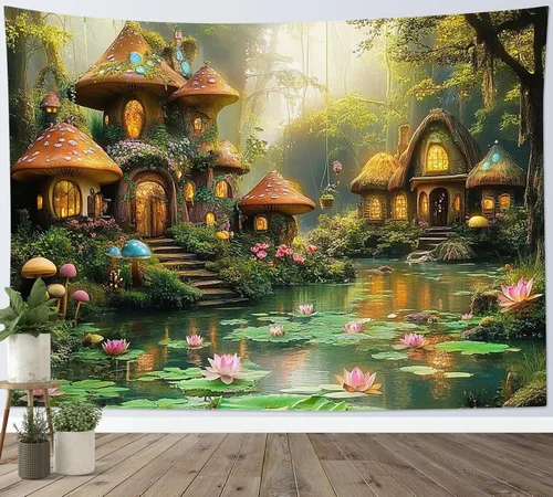 Miniatura 24 de HVEST Tapiz de bosque de cuento de hadas para colgar en la pared, estanque de lirios de agua, árboles mágicos, casas en el país de los sueños, tapiz