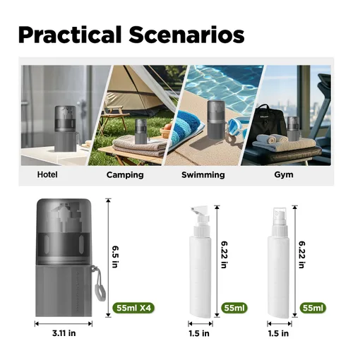 Miniatura 6 de YOTIME Juego de botellas de viaje 4 en 1, ventosa de silicona al vacío para paredes lisas, recipientes de tamaño de viaje aprobados por la TSA a Gris