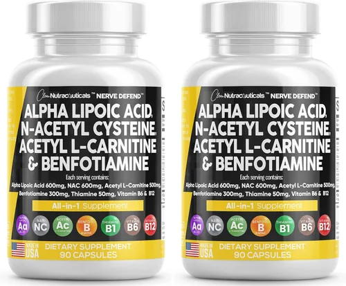 Miniatura 11 de Ácido alfa lipoico 600 mg N-acetil cisteína 600 mg acetil L-carnitina 500 mg Benfotiamina 300 mg - Suplemento de apoyo nervioso para mujeres