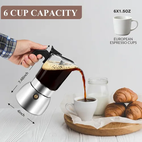 Miniatura 6 de Moka Pot - Máquina de café expreso para estufa, tapa de cristal y cafetera italiana de acero inoxidable 304, cafetera de café italiano de 10.1 fl oz