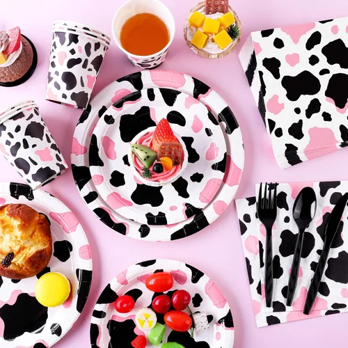 Miniatura 4 de Durony 350 piezas juego de vajilla de fiesta rosa con estampado de vaca que incluye platos, tazas, servilletas, cuchillos, tenedores, cucharas