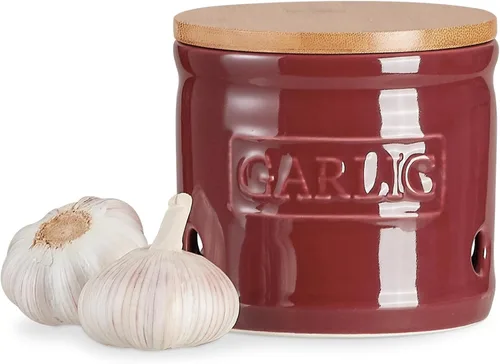 ONEMORE Soporte de ajo con tapa, recipiente de cerámica para ajo de 4 pulgadas, rojo oscuro