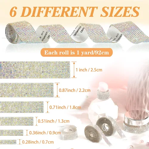 Miniatura 2 de 6 rollos de cinta de diamantes de imitación autoadhesiva con diamantes de imitación de 0.079 pulgadas (0.079 in) para manualidades, decoración de AB