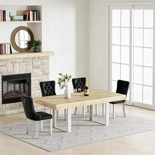 Miniatura 14 de Juego de mesa de comedor extensible de 5 piezas para 4, mesa de cocina de madera marrón de 63-78.7 pulgadas con 4 sillas acolchadas beige, juego