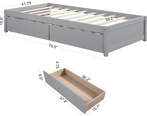 Miniatura 2 de HomSof Cama individual con 2 cajones, madera maciza, no necesita somier, gris