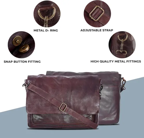 Miniatura 6 de Bolso de mensajero de cuero real para hombres y mujeres Maletín para laptop para oficina, universidad, correa de hombro ajustable