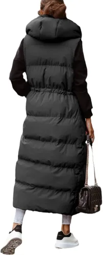 Miniatura 4 de Tankaneo Chaleco largo acolchado para mujer, ropa de abrigo con capucha y sin mangas, chaleco acolchado de algodón con cremallera completa