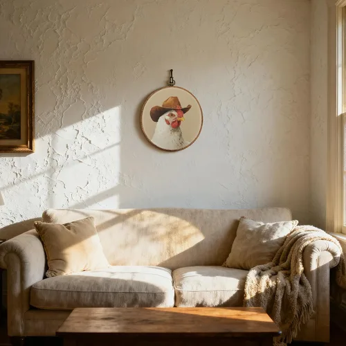 Miniatura 5 de DOFQZ Decoración de pared redonda de pollo occidental, arte de pared enmarcado del suroeste de campo, lienzo retro de pollo vaquero para colgar