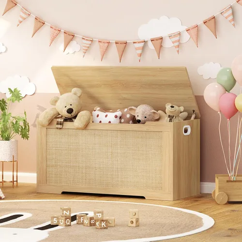 Miniatura 2 de usikey Cofre de almacenamiento de 39.4 pulgadas, caja de juguetes con 2 bisagras de seguridad, baúl de juguetes para dormitorio, banco