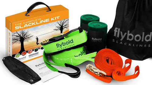 flybold Kit de Slackline para niños y adultos - Cuerda de equilibrio de 57 pies con línea de entrenamiento, protectores de árboles, entrenador de