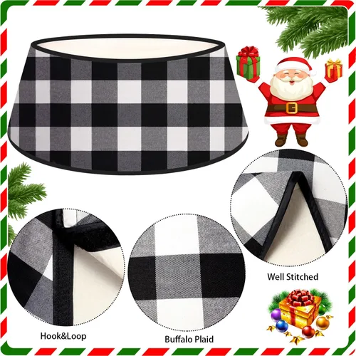 Miniatura 3 de FANPROMS Collar de árbol de Navidad en blanco y negro de 24 pulgadas, diseño de búfalo a cuadros, bordado de terciopelo, falda de árbol, decoración