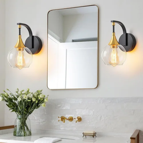 Miniatura 2 de Lámpara de pared de baño de 1 luz, lámpara de pared negra y dorada con pantalla de vidrio transparente, lámpara de pared moderna para interiores