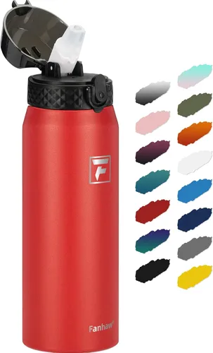 Miniatura 46 de Fanhaw Botella de agua de acero inoxidable aislada para niños de 20 onzas con tapa con popote, a prueba de fugas y antipolvo, botella de uso diario