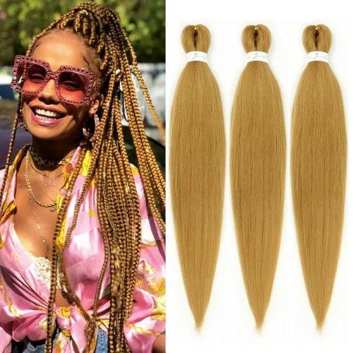 Miniatura 19 de Cabello trenzado marrón preestirado de 30 pulgadas, 3 paquetes de cabello trenzado preestirado de color 30 EZ, textura Yaki, extensiones de cabello