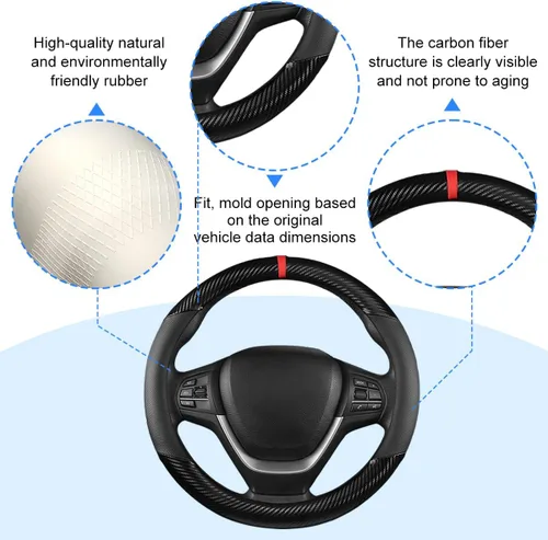 Miniatura 4 de Funda para volante de automóvil, protector de volante de vehículo de fibra de carbono de 14.5 a 15 pulgadas con forro antideslizante, accesorios