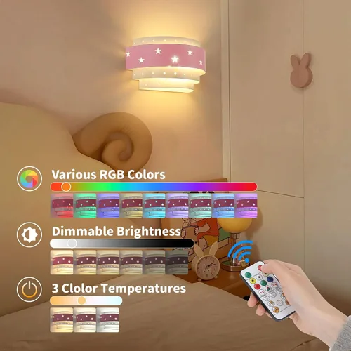 Miniatura 2 de Lightess Aplique de pared rosa que funciona con pilas para habitación de niñas, lámpara de pared LED regulable con forma de estrella, lámpara