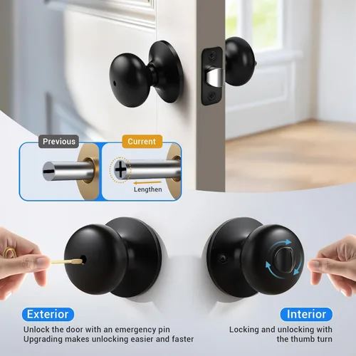 Miniatura 3 de KNOBWELL Paquete de 8 pomos de puerta de privacidad para baño y dormitorio, pomo de puerta negro mate con cerradura, cerradura de manija de puerta