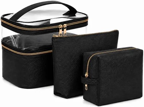 Miniatura 11 de Bolsa de cosméticos de doble capa, bolsa de maquillaje, bolsa de aseo grande, bolsa organizadora de maquillaje de viaje para niñas y mujeres, Negro