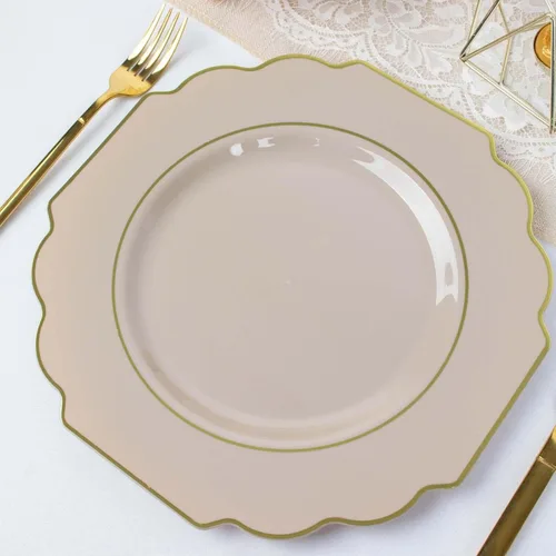 Miniatura 20 de Efavormart - Paquete de 10 platos de postre de plástico color rosa canela de 8 pulgadas, con borde dorado barroco, platos de ensalada desechables
