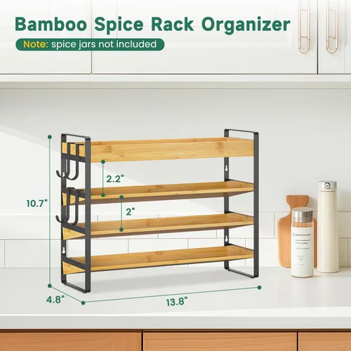 Miniatura 2 de EsLuker.ly Organizador de condimentos para especias para encimera de cocina, 4 niveles de bambú para especias con 4 ganchos, soporte independiente