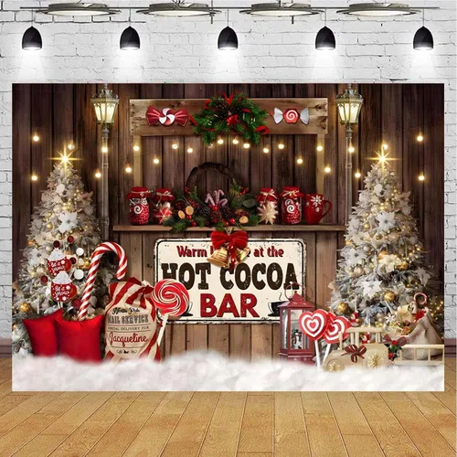 Telón de fondo de cacao caliente de Navidad para fotografía – Fondo de decoración de cetro y árbol de tienda de golosinas – Decoración de fiesta de