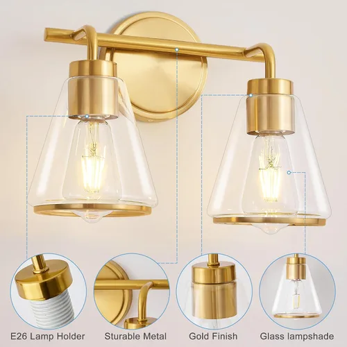 Miniatura 5 de Accesorios de iluminación de baño sobre espejo Luces de tocador doradas de 2 luces con pantalla de vidrio transparente de 14 pulgadas Luces
