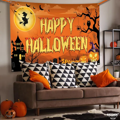 Miniatura 3 de KatchOn Pancarta espeluznante de Feliz Halloween, extragrande, 72 x 44 pulgadas, telón de fondo naranja de fotos de Halloween para decoraciones