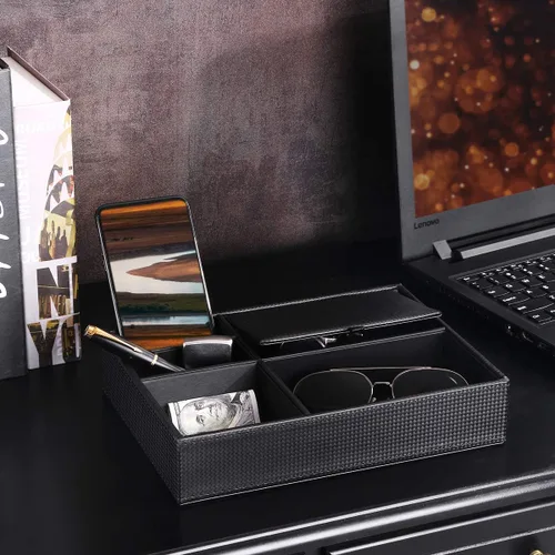 Miniatura 2 de BEWISHOME Bandeja organizadora de aparador para hombre organizador de mesita de noche para accesorios de joyería fibra de carbono piel sintética