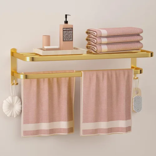 Miniatura 12 de Toalleros Negros de 15 Pulgadas para Baño con Barras Dobles para Toallas, Soporte de Montaje en Pared de Lavabo con Ganchos, Estante de Baño