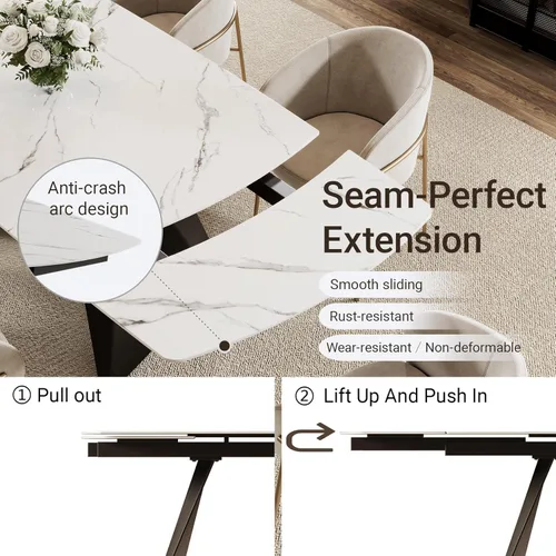 Miniatura 3 de Mesa de comedor extensible con extensión, 65"-95" piedra sinterizada rectangular, superficie con aspecto de mármol, para 6-12 personas, base