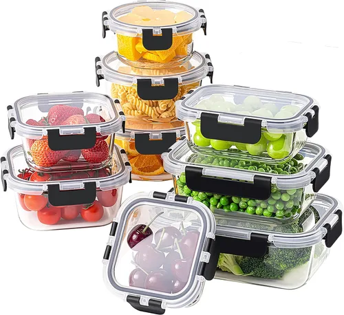 Miniatura 9 de HOMBERKING - Contenedores de vidrio con tapa para alimentos (18 piezas), contenedores de vidrio para comidas preparadas, cajas de vidrio herméticas