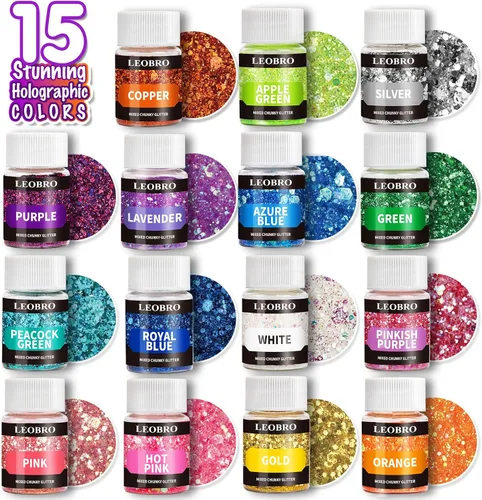 Miniatura 3 de LEOBRO Purpurina gruesa holográfica, 15 colores para resina, cuerpo de uñas, joyería y manualidades, con 5 cucharas mezcladoras